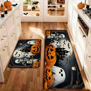 Halloween Pumpkin Ghost Kitchen Rug Set of 2, Washable Non-Slip Low Height Floor Mats, Home Decor for Kitchen Laundry Room Hallway