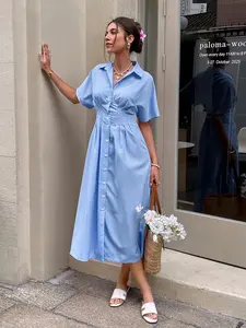 Women's Blue Striped Long Dress, Fitted Mid-Length Casual Dress, Stylish Summer Fashion, Perfect for Daily Wear, Womenswear
