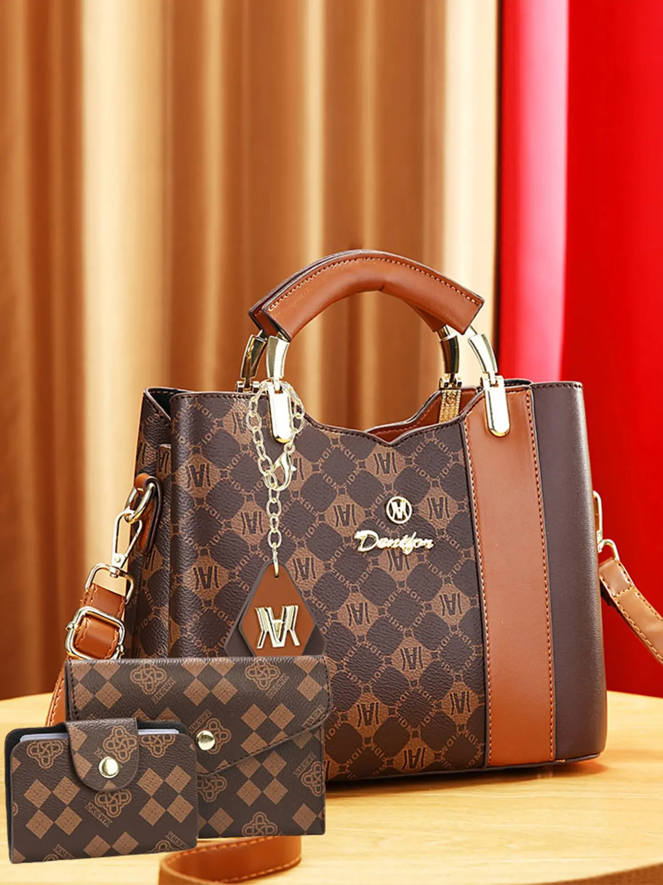 Women's PU Handbag Set, Hand Shoulder Bag, Casual Trendy Handbag, Fashion Purses, Trendy Rhombus Design, All-Season Versatile Simple Elegant Three-Piece Bag Collection