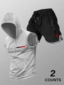 Men's Casual Hooded Sleeveless Vest and Drawstring Faux Two-Piece Shorts Set, Unique Print for Outdoor Sports and Everyday Wear