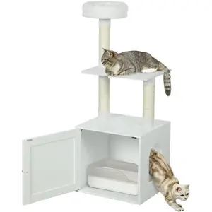 PawHut Cat Tree with Litter Box Enclosure, 2-in-1 Cat Tower for Indoor Kittens with Scratching Posts, Bed, Climbing Platforms, Modern Style Pet Furniture, White