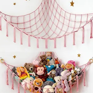 Pink Hanging Stuffed Animal Storage Hammock Large Plushie Holder Net Organizer for Stuffed Animals Cute Toy Organization for Girls Boho Bedroom Wall Corner Decor
