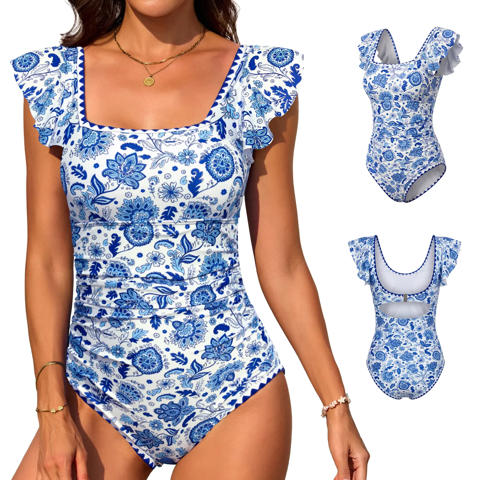 Swimming Costume Women One Piece Swimsuits Ruched Tummy Control Ladies Swimwear Ruffle Sleeve Push Up Wrap  Bathing Suit