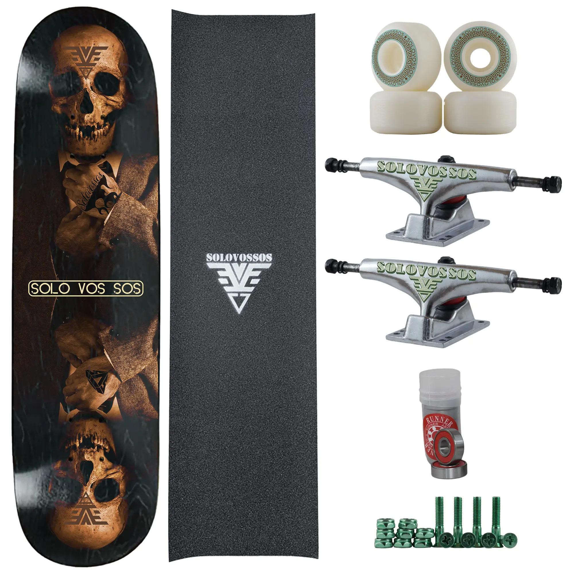 solo vos sos Skateboard SSV, Not Assembled Kit with Skull-Faced Figure Graphic and Tattoo Detail, Includes Full Set with 90A Bushings, 83B/103A Durometer Wheels, and Mounting Bolts