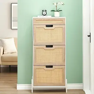 Rattan White Shoe Storage Cabinet, 3 Plip Drawer Hidden Shoe Organizer with Sturdy Metal Legs, Wooden Free Standing Entryway Table with Adjustable Shelves for Entrance