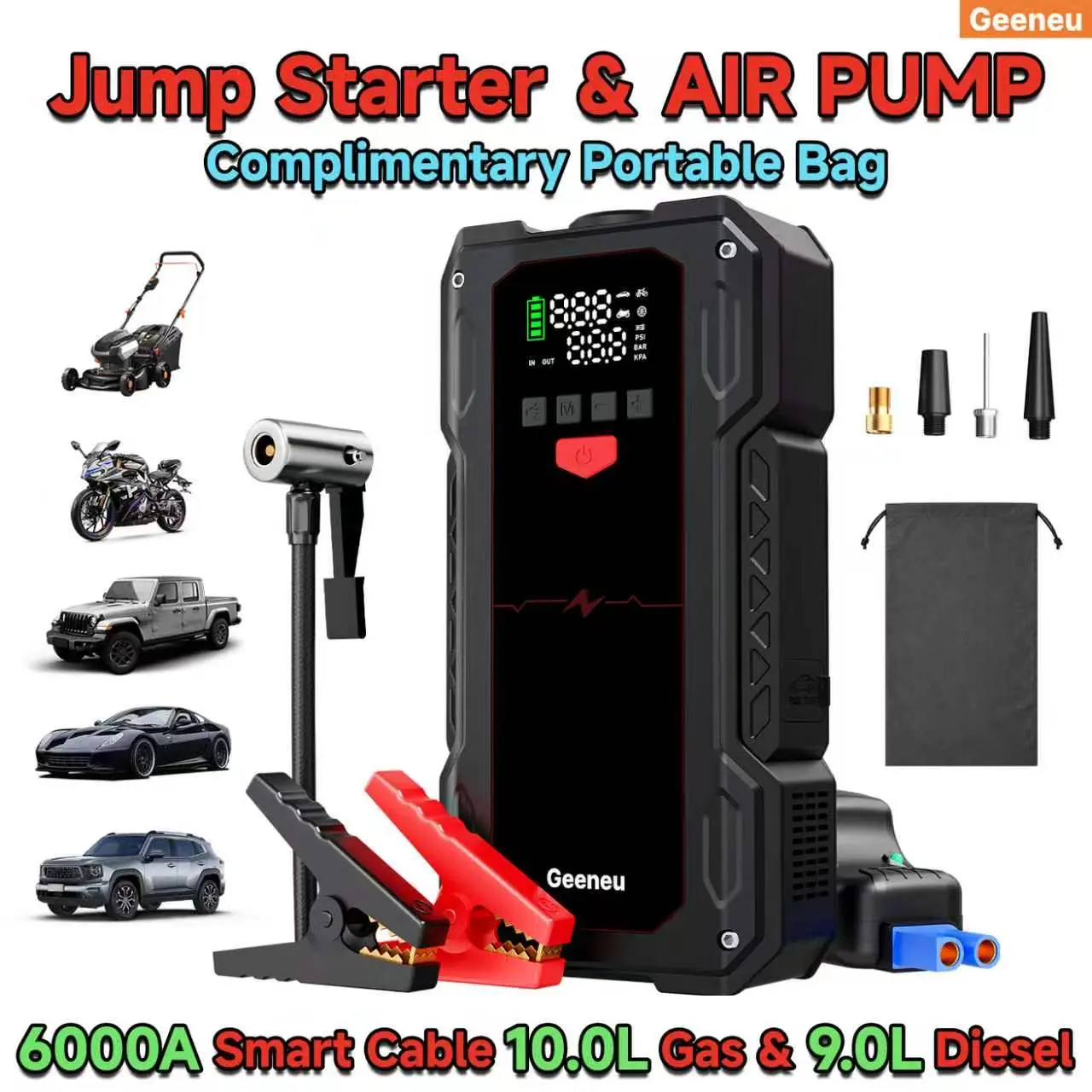 6000A Multifunctional Car Jump Starter, works for 10.0L gas and 9.0L diesel vehicles. Integrated with 5 practical functions: digital display, automatic tire inflator, power bank and LED flashlight, ideal for daily and emergency roadside use. fathersdaygif