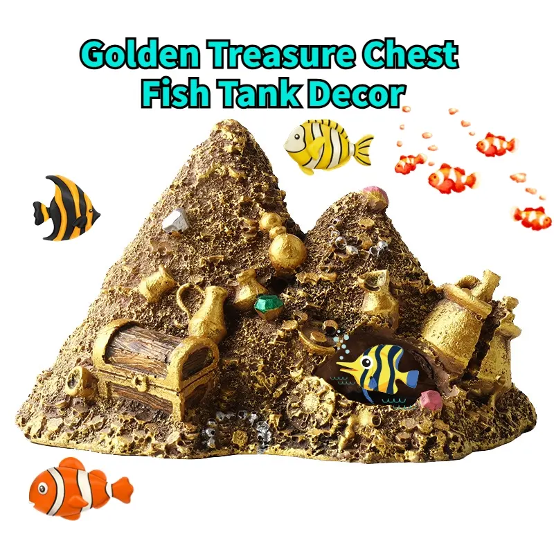 Creative Golden Treasure Chest Aquarium Decoration, Fish Hideout, Resin Ornament