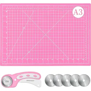 45mm Rotary Cutter and Mat Set, Fabric Cutter Wheel and 12x18 Inch Self Healing Sewing Cutting Mat, Fabric Rotary Cutter with 5pcs Rotary Blades for Quilting Patchworking Crafts, Pink