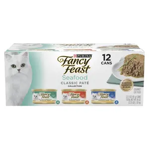 Purina Fancy Feast Seafood Classic Pate Collection Grain Free Wet Cat Food Pate Variety Pack, 3 oz Cans (12 Pack)