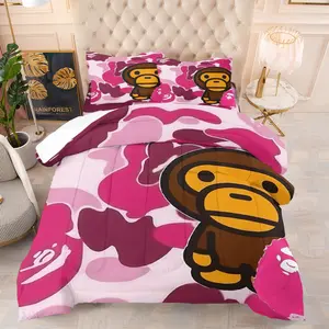 BAPE Baby Milo Pink Camo Monkey Print Comforter Set, 1 Comforter and 1-2 Pillowcases, Pink Gradual Camo, Ultra Large Cartoon Monkey Design, Soft Poffy, Sweet Cool Trendy Brand Bedroom Decor, Fans Gift