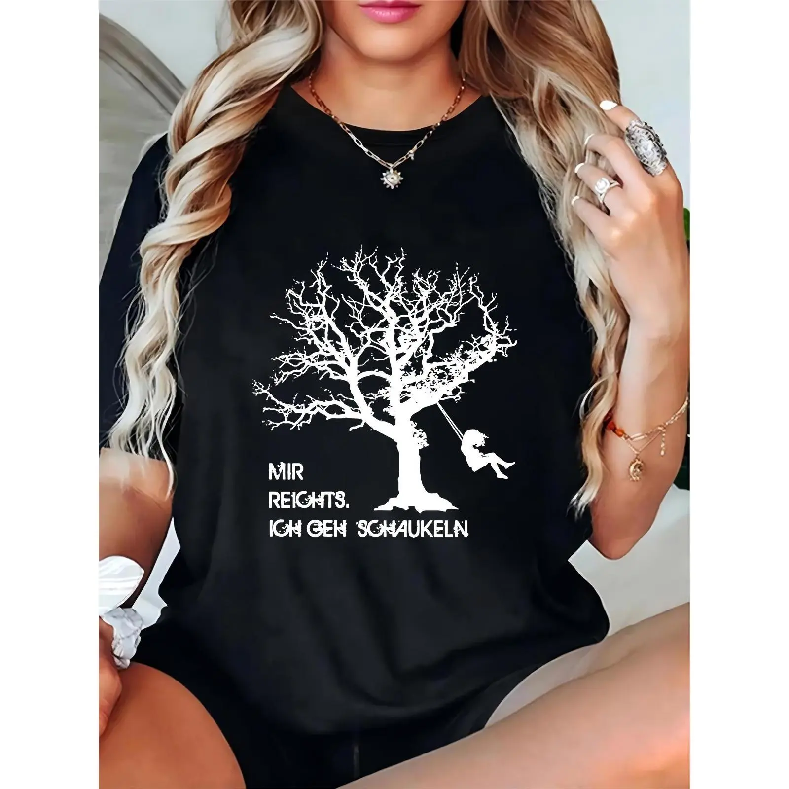 Women’s Black T-Shirt w/ White Tree & Swinging Girl Graphic, Casual Summer Outdoor Wear, Prints, Day