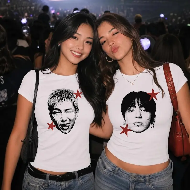 Y2K Kpop Star Graphic Baby Tee Korean Pop Idol Concert Retro Halftone Portrait White Crop Top Soft Combed Cotton Short Sleeve Slim Fit Aesthetic Streetwear Gift
