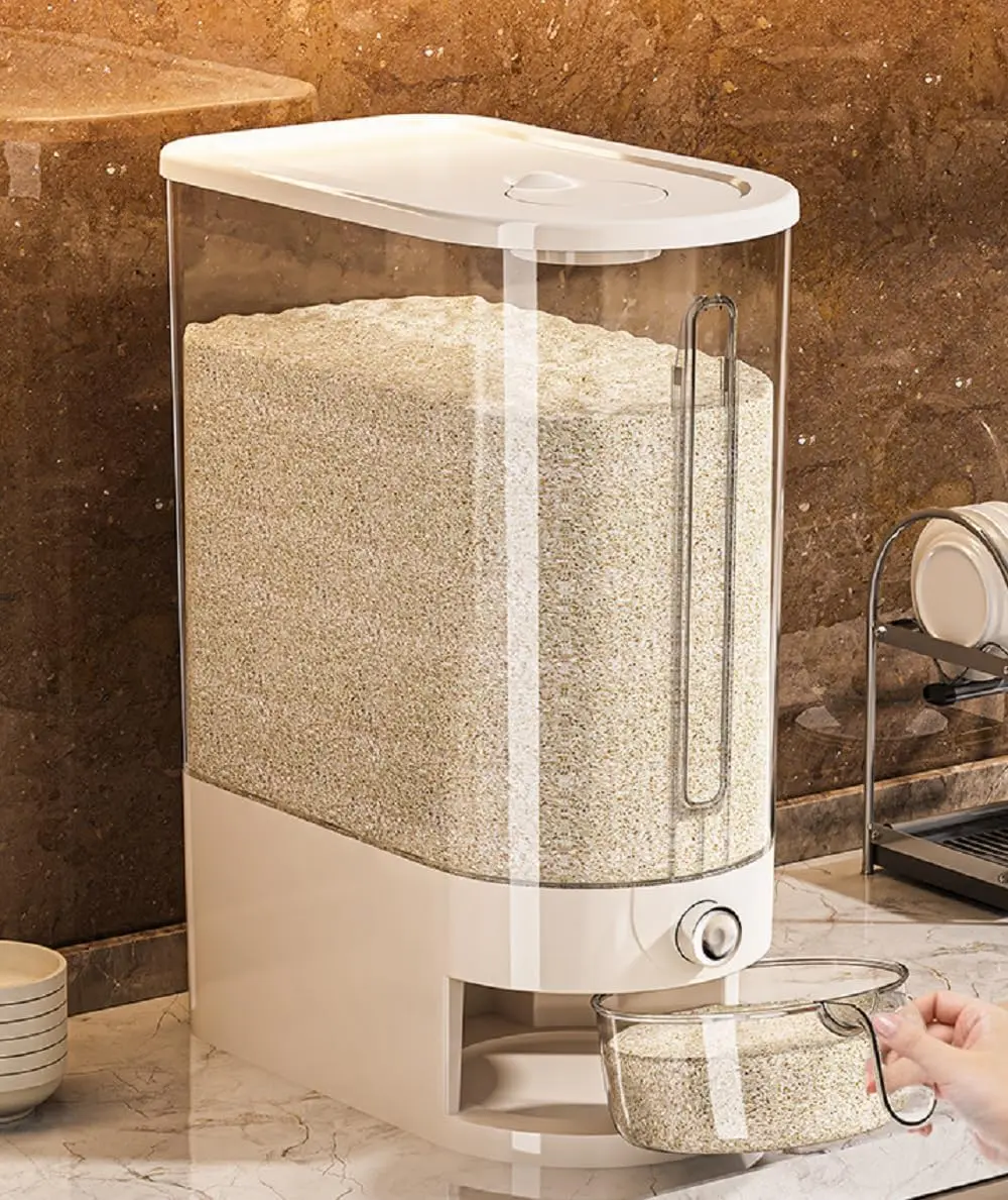 Airtight PVC Rice Dispenser with Measuring Cup, Time Scale, Dust-Proof Stackable Multi-Compartment Plastic Grain Storage Container, Rustproof Durable Organizers for Kitchen Food, Pet Food Storage