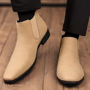 Men's Stylish Beige Boots - Slip-On Ankle High Dress Shoes with Black Sole,, Pointed Toe for Casual, Party, or Streetwear Boy Footwear
