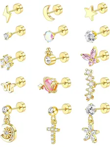 Dazzling 15 Pcs Golden Trendy High Quality Earrings Ear Studs Stainless Steel Stud Earrings for Women Men Cute CZ Opal Snake Moon Cross Butterfly Flower Screw Back Flat Back Stud Dangle Tragus Earrings Cartilage Piercing Jewelry Set
