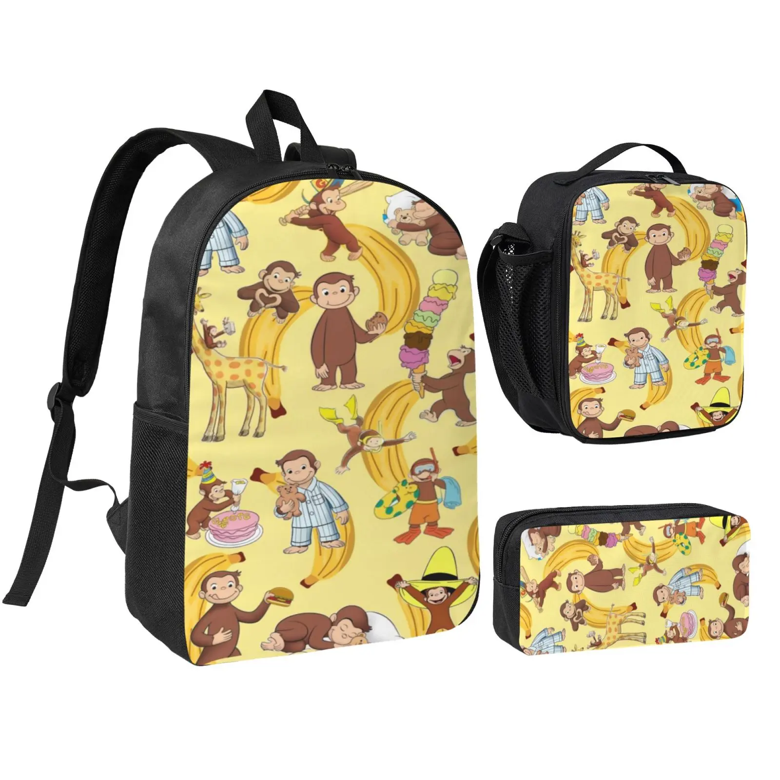 3PCS Curious George Breathable Mesh Backpack Set for Girls and Boys Spacious School Bag with Insulated Lunch Box and Pencil Case Cartoon Casual Bookbag for Kids Great for After-School Activities Family Trips and Daily Campus