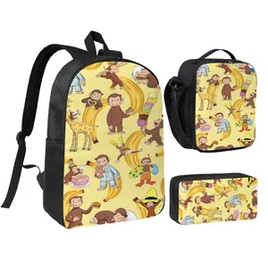3PCS Curious George Breathable Mesh Backpack Set for Girls and Boys Spacious School Bag with Insulated Lunch Box and Pencil Case Cartoon Casual Bookbag for Kids Great for After-School Activities Family Trips and Daily Campus