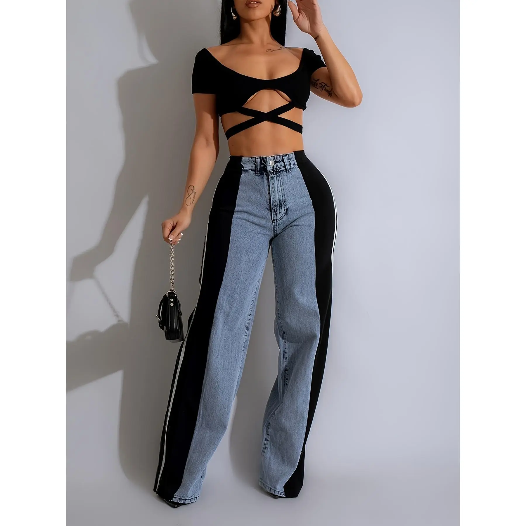 Elegant Lady's Trousers with a Chic Patchwork Design, High-Waist Straight Leg in a Polyester Blend Stretch Fabric, Woven