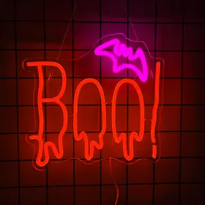 Halloween Neon Sign Orange and Purple BOO Bat Neon Decor Perfect for Halloween Party Decorations Neon Halloween LED Sign Ideal Wall Decor Option Spooky BOO Neon Sign Halloween “Trick or Treat” Party Backdrop