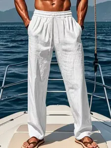Men's Linen Long Pants, Elastic Waist Design, Comfortable Wear, Ideal for Daily & Casual Use, Fashionable Durable Fabric, Perfect Gift