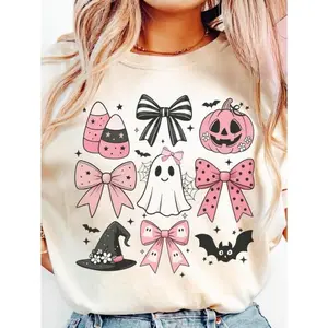100% Cotton Halloween Shirt, Halloween Spooky Shirt, Fall Shirt, Pink Girly Bows Halloween Tee, Cute Ghost Shirt, Halloween Gift Day Fabric graphic tee