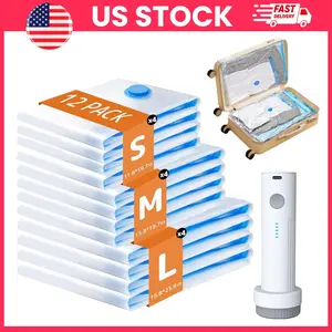 12 Pack Vacuum Bags for Travel with Rechargeable Air Pump | Carry On Compression Bags for Luggage & Suitcase Organizer | Space Saver Storage Bags for Clothes | Travel Essentials, Moving Supplies, Home Organization Must Haves | Travel Essentials | Ramadan