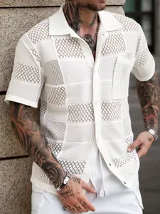 Men's Embroidered Short Sleeve Shirt, Knit Jacquard Regular Fit Plain Color, Casual Long Top for Spring Summer 2026, Casual Comfy Shirt