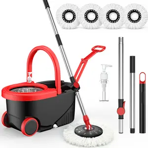 Adjustable – Dual-Drive Spin Mop Bucket Set with Wring-Out System, Durable Microfiber Mop Heads for 360° Cleaning. Suitable for cleaning floors, cars, and walls. Telescoping refill wringer refill head