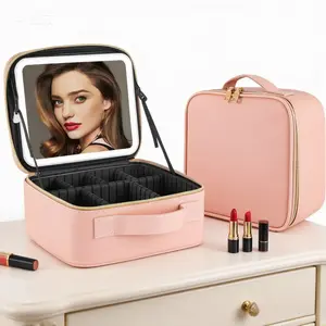 Cosmetic storage bag with LED mirror, Removable mirror, 4K sliver plated large mirror fill light, light strips all around, adjustable internal space, lightweight and easy to carry