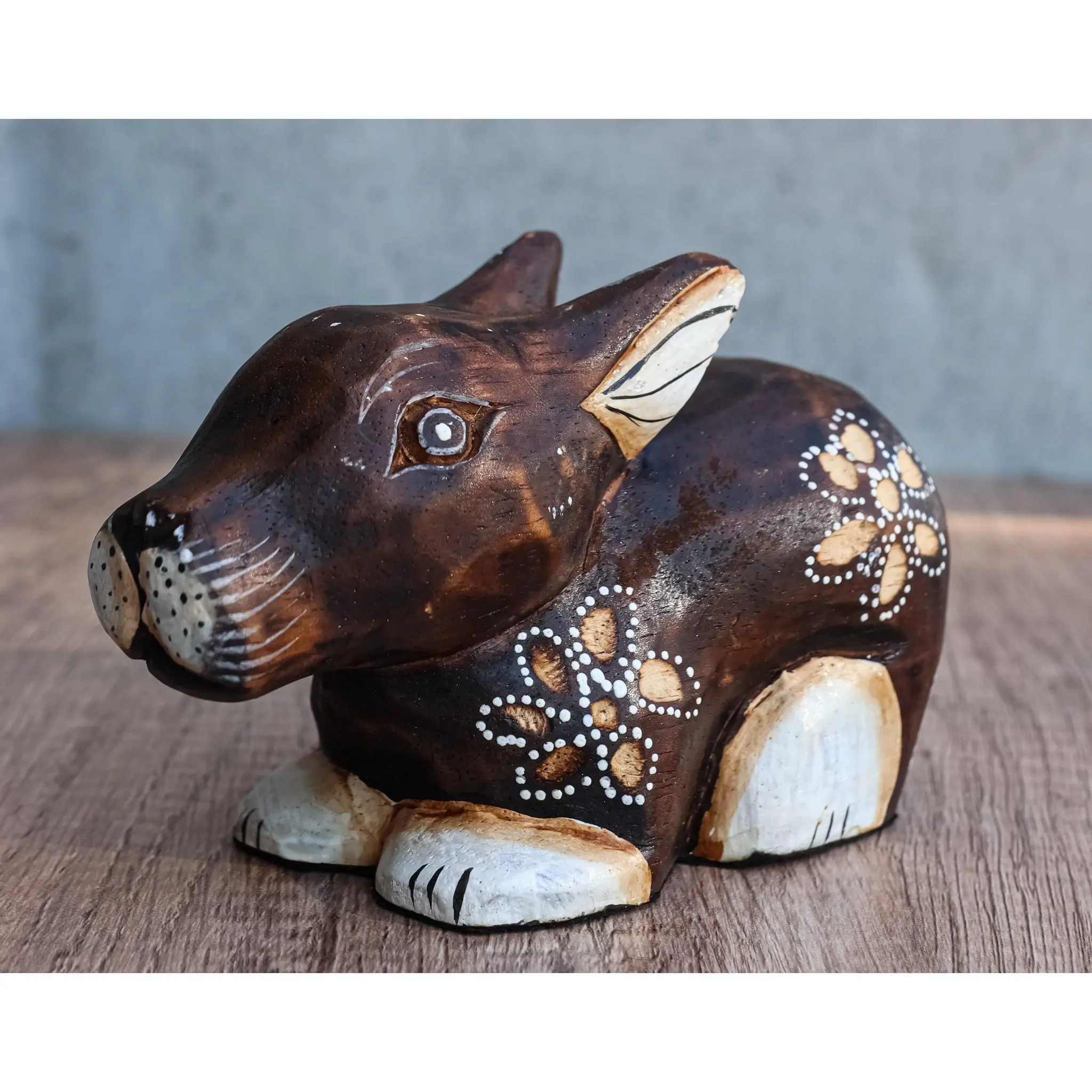 Balinese Wood Handicrafts Crouching Bunny Rabbit With Floral Tattoo Figurine 6"L