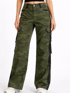 Women's Olive Camo Cargo Pants – Wide Leg Utility Pocket Streetwear Trousers