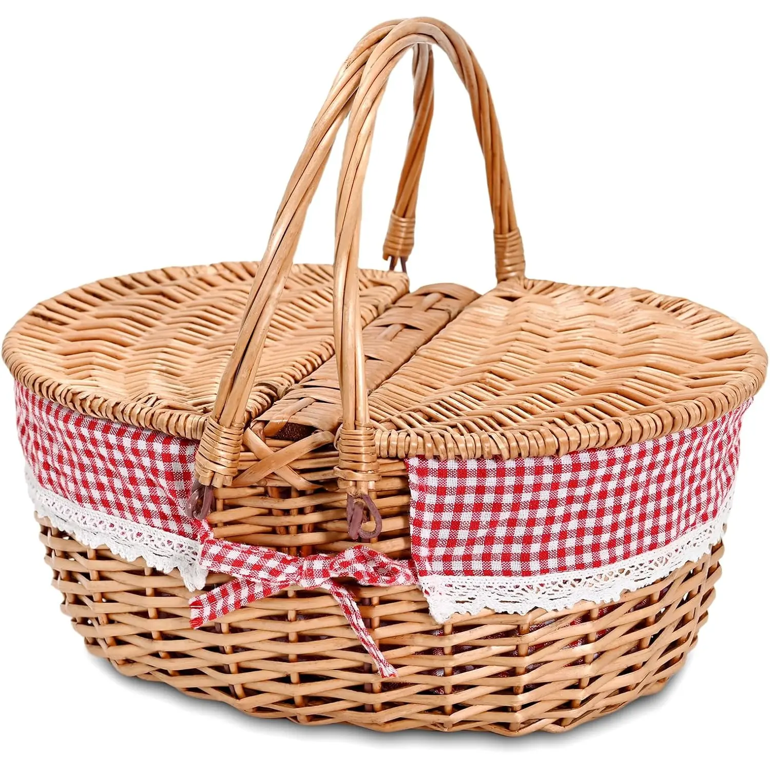 Wicker Picnic Basket for 2, Removable Liner with Lid and Foldable Handles, Empty Picnic Hamper, Checkered