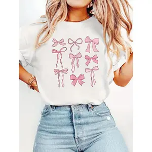 Bowknots Graphic Print T-Shirt, Short Sleeve Crew Neck Casual Top for Summer & Spring, Women'S Clothing