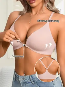 XS-XL Front Buckle Deep V High Support No Wire W-shape Seamless Smooth Plain Women's Bra, Casual Fitted Medium Support All Seasons