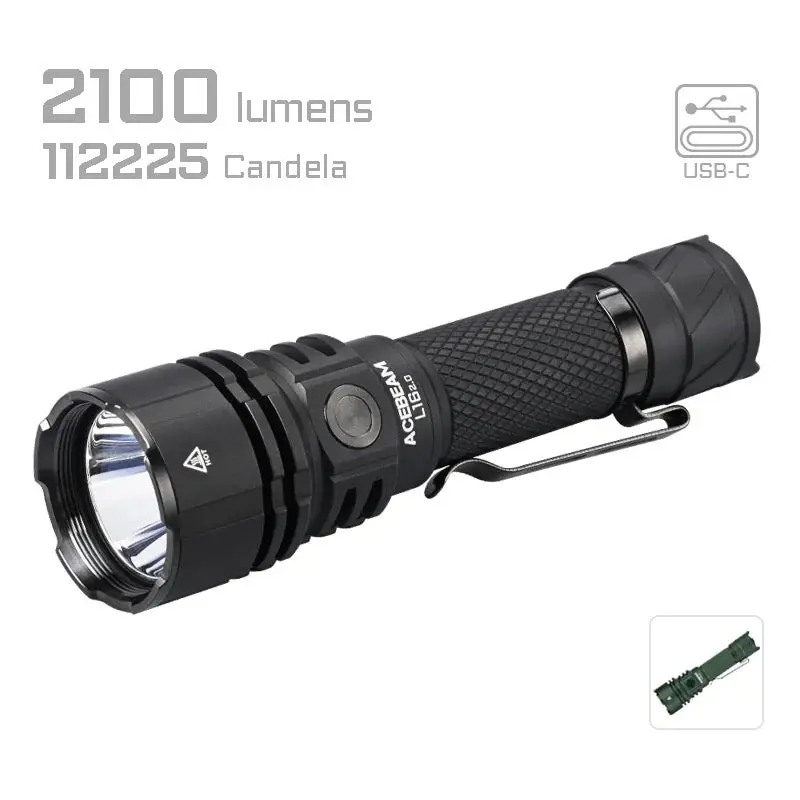 Acebeam L16 2.0 Tactical Flashlight – 2100 Lumens, 670m Throw, Cool White 6500K LED, USB-C Rechargeable, IP68 Waterproof Torch Light - Portable Flashlight for Outdoor, Hunting, Camping & Rescue Use