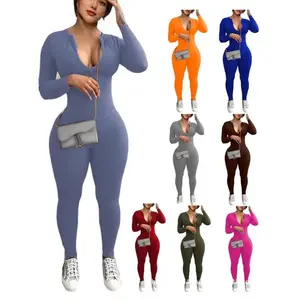 Seamless One-Piece Long Sleeve Zipper Jumpsuit Casual Waist Slimming Tight Long Pants Casual Sexy Sports Womenswear Overalls