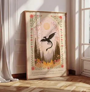 Dragon Without Its Rider Print, Floral Fall Dragon Poster, Fantasy Bookish Art, Girly Wall Art, Book Lover Gift3 - (Unframe)