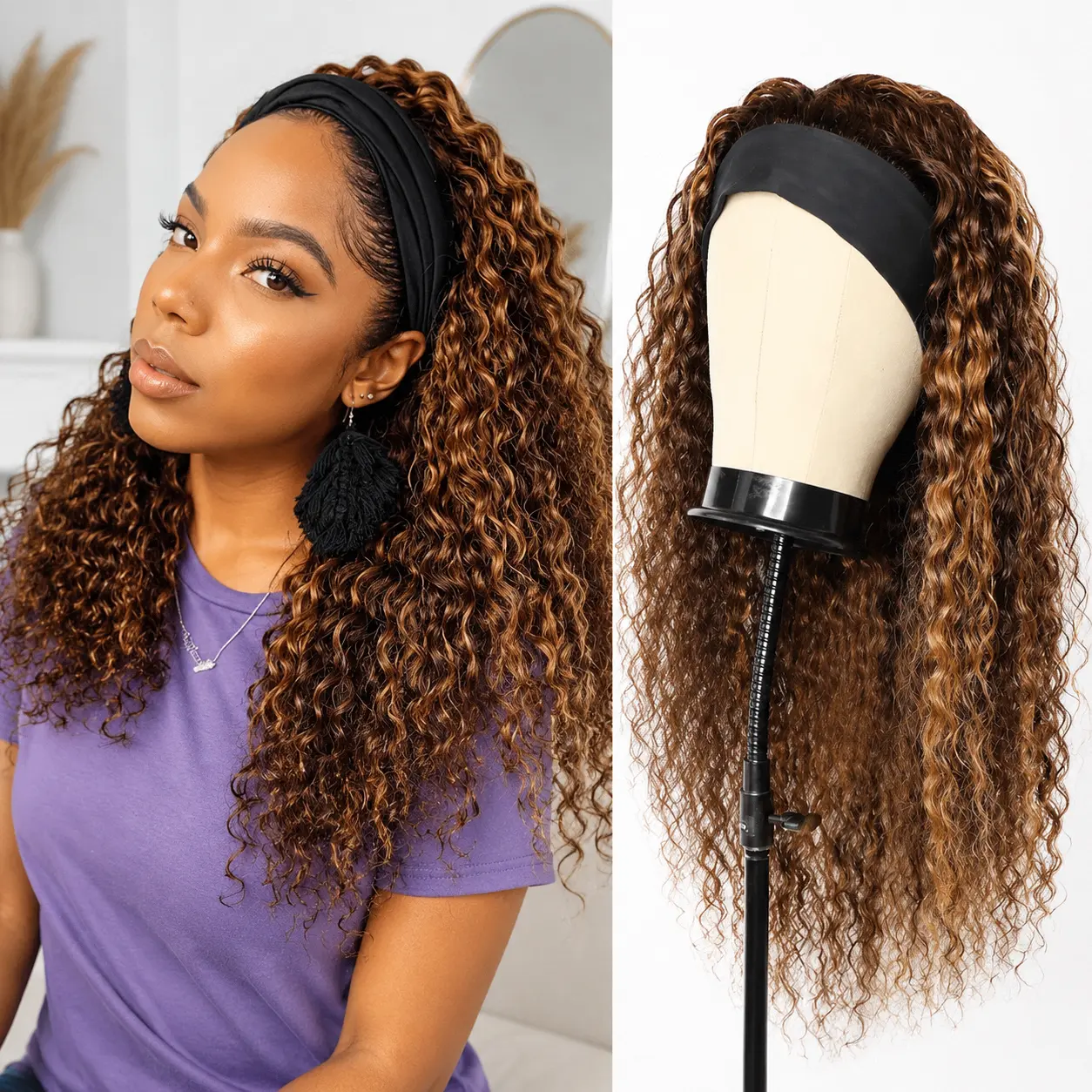 Highlight Ombre Headband Deep Wave Curly Wig 10A Brazilian Virgin Human Hair Glueless Wear Go Wigs 150% Density#DealsForYouDays