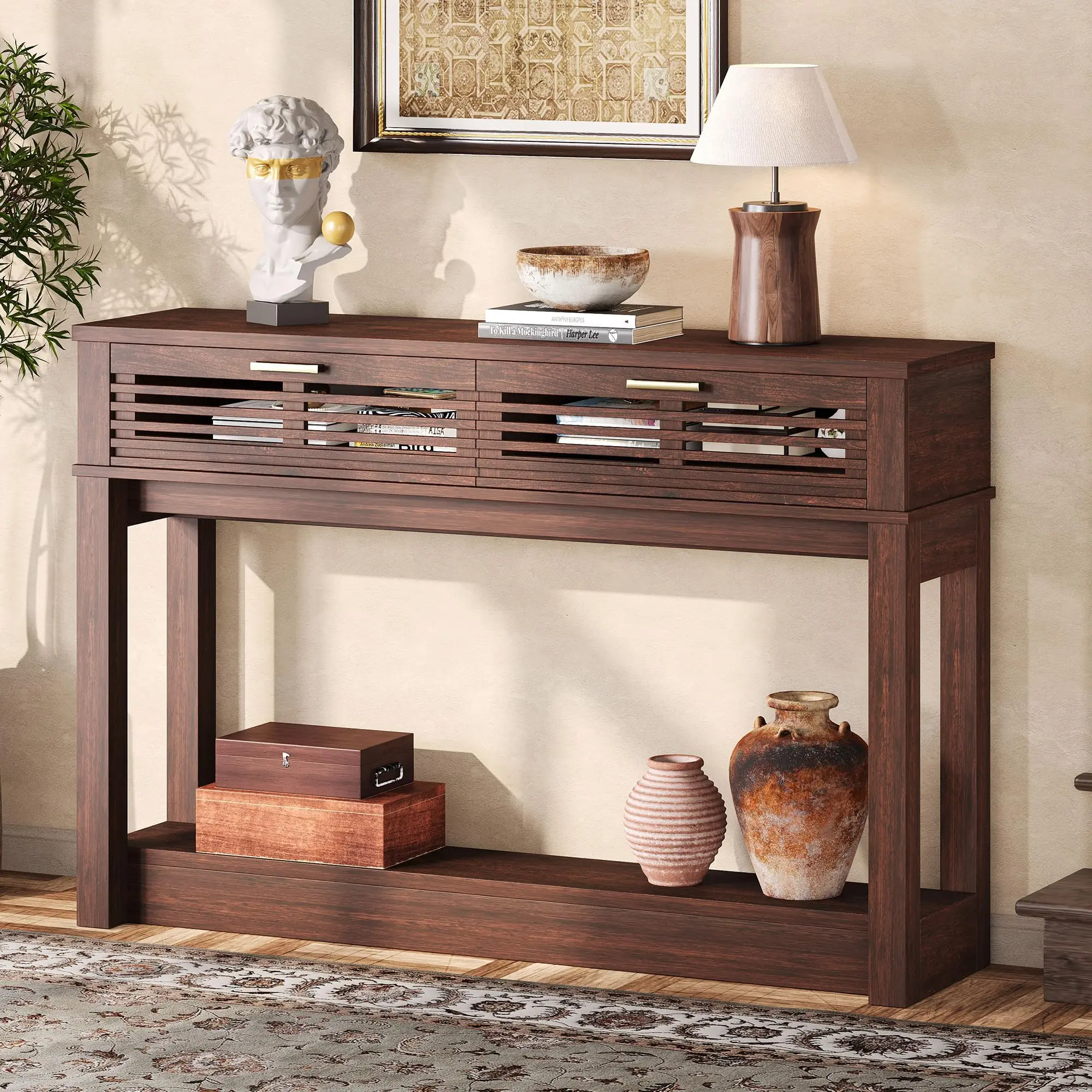 IRONCK 47-in Mid-Century Modern Rectangle Entryway Console Table - Acacia Wood Tabletop, Minimalist Decor, Space-Saving with Storage Drawers, Pre-Packaged Parts, Slat Bottom, Versatile Fit