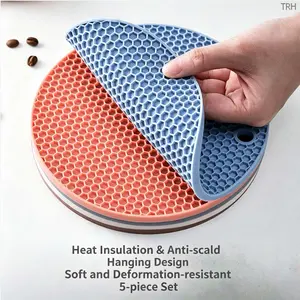 5Pcs Honeycomb Silicone Trivet Mat, Heat‑Resistant Anti‑Slip Round Pot Coaster, Non‑Scald Table Placemat for Cup Plate Bowl, Waterproof Flexible Kitchen Hot Pad, Multi‑Purpose Dining Accessory, Available in Custom 3‑Piece Bundle Set