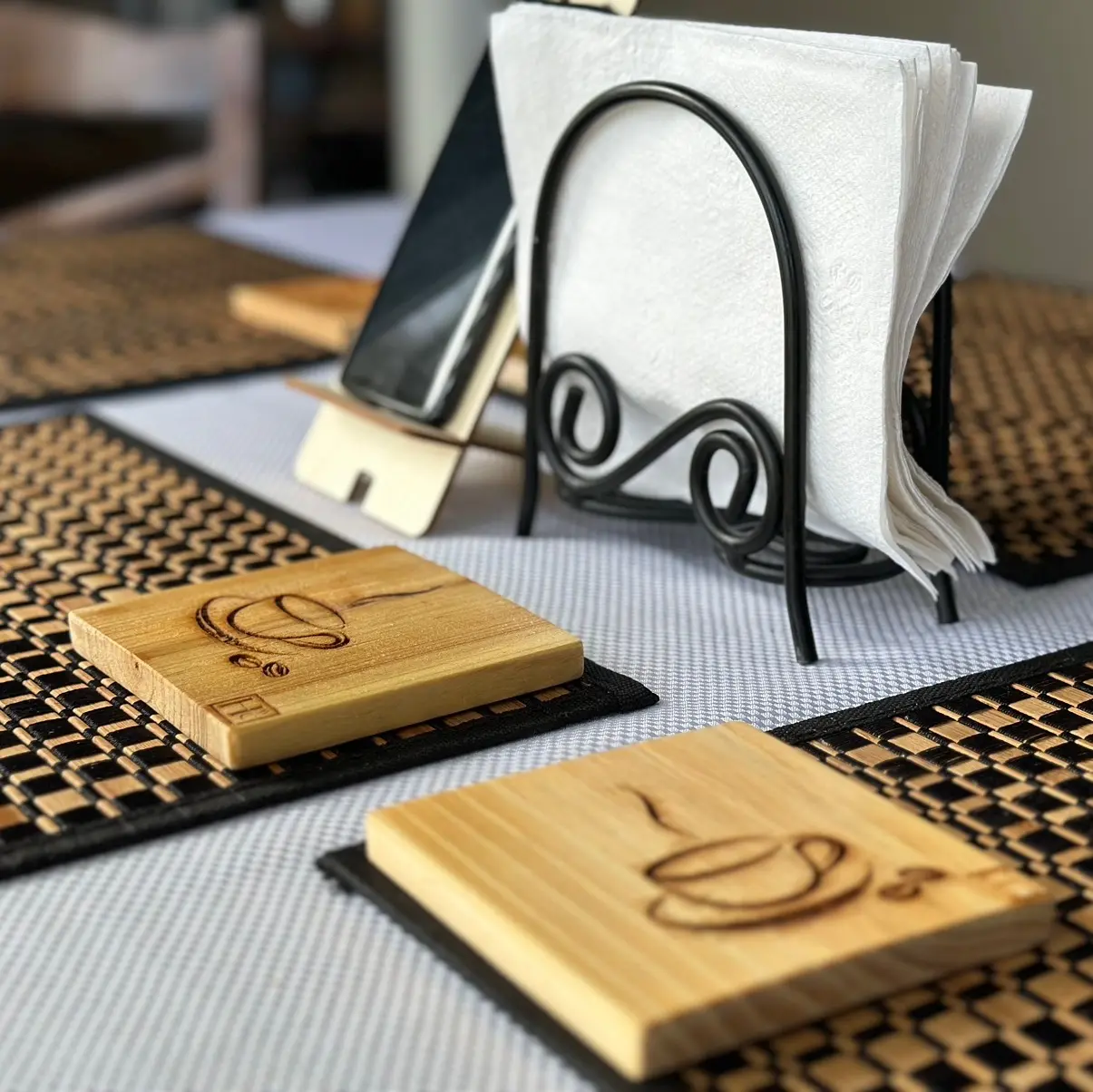 Coffee Square Wood Coasters, Set of 4, Housewarming Gift, Wooden Laser Coasters, Square Coasters, Coffee Coasters