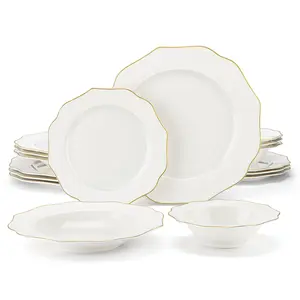 MALACASA Cream-White Plates and Bowls Sets with Gold Rim, Bone China Dinnerware Set with Plates and Bowls, Series LOTUS Winter Holiday