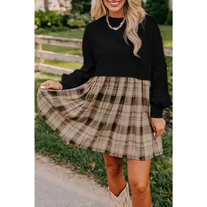 Black Plaid Patchwork High Waist Sweatshirt Mini Dress