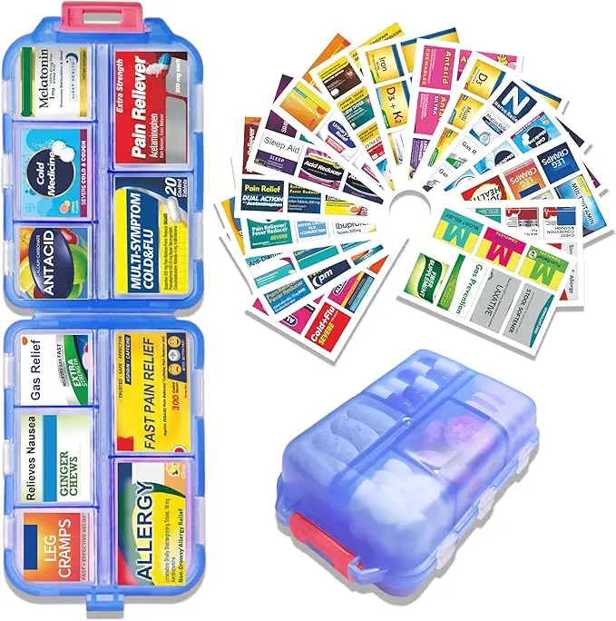DIY Pill Organizer with 147 Pcs Upgraded Pre-Cut Medicine Labels, Foldable Pill Case for Travel Daily, Travel Essentials Mini Pill Container 7 Day Pil