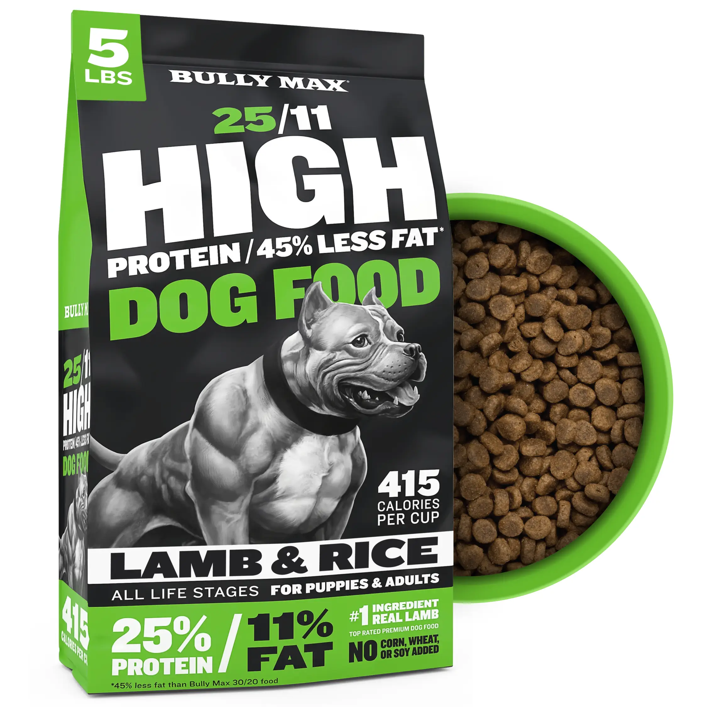 Bully Max 25/11 High Protein & Low Fat Dog Food for Puppies and Adult Dogs - Chicken-Free Lamb Flavor - 415 Calories Per Cup