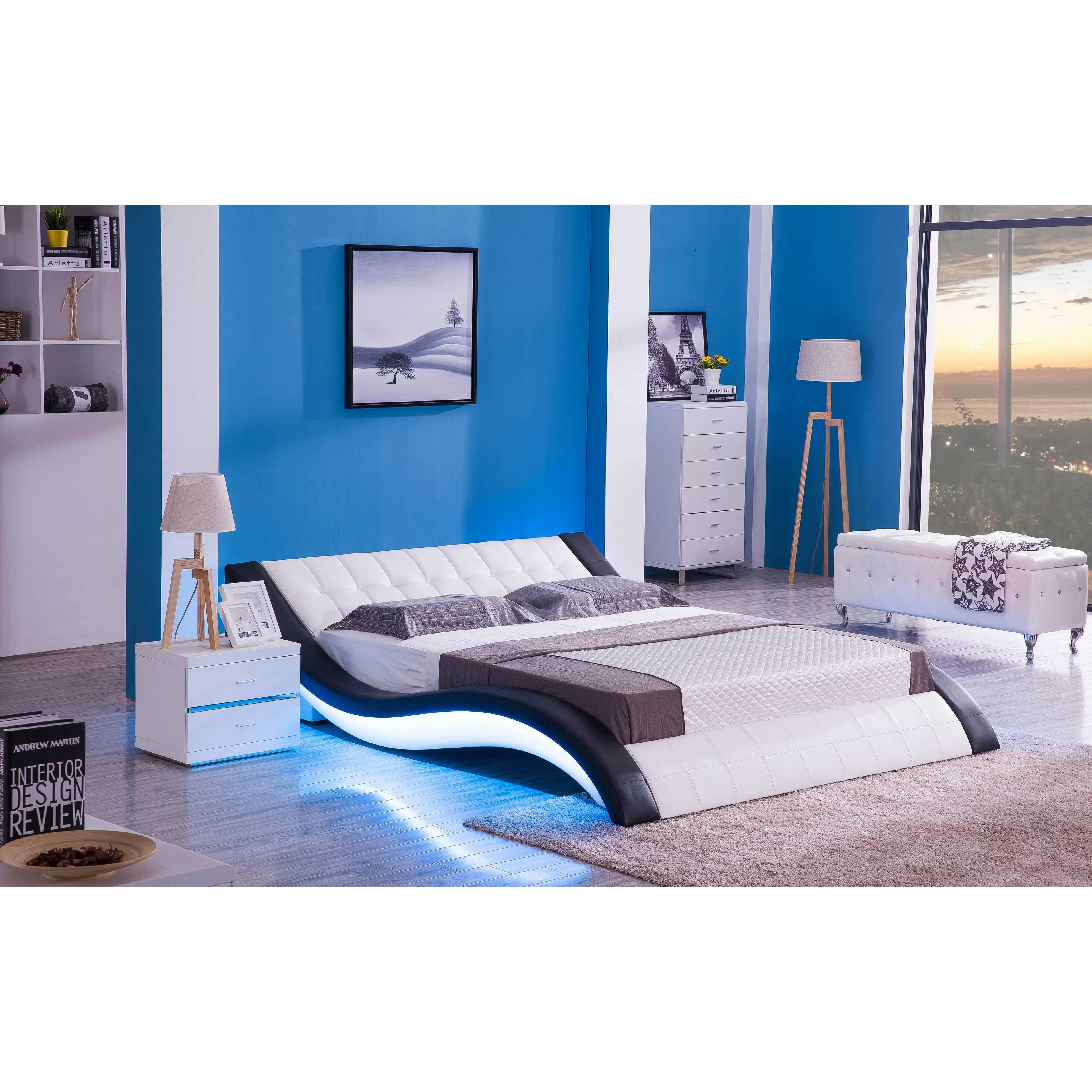Sunna Curved Modern Leather Platform Smart Bed With LED Light