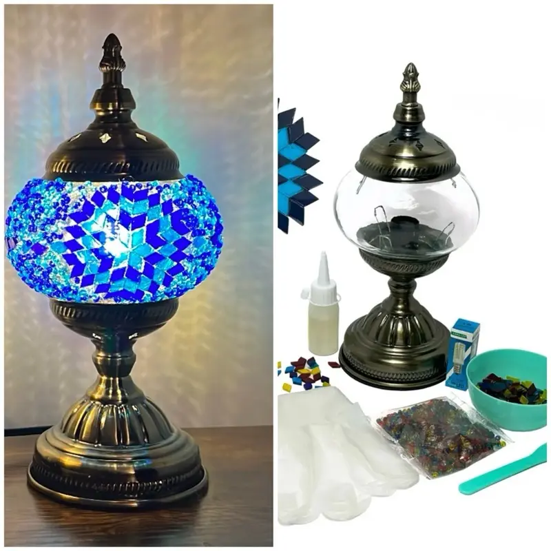 DIY Turkish Mosaic Table Lamp with Blue Mosaic Design, Elegant Brass Base & Decorative Accents, Perfect for Home Decor