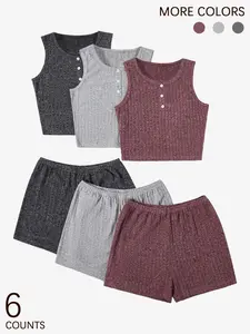 6 Piece Knit Home Set, 3 Color Button Backless Tank Tops & Matching Shorts, Soft Skin-Friendly, Comfortable for Daily Wear