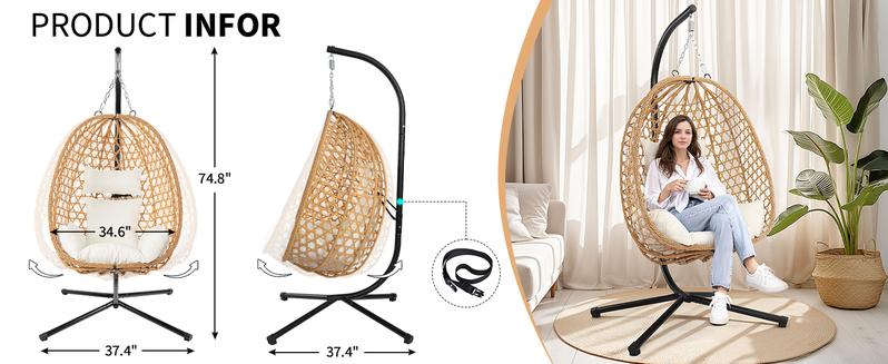 Boho Style Patio Swings with Stand- 350lbs Weight Capacity, Single Hanging Egg Chair with Cushions, Hammock Swing Chair  for Bedroom, Balcony, Garden