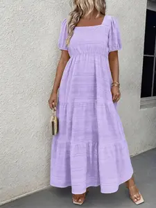 Plus Size Women's Solid Color Square Neck Fitted Dress, Summer Short Sleeve Waist Cinching Dress, Casual Fashion Long Hem Dress, Casual Wear, Elegant